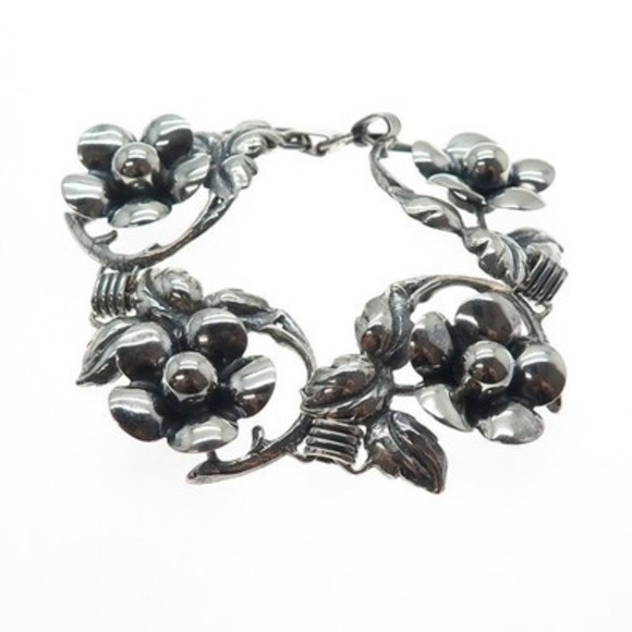 925 Sterling Silver Antique Art Deco Flower Blossom Oxidized Bracelet 7